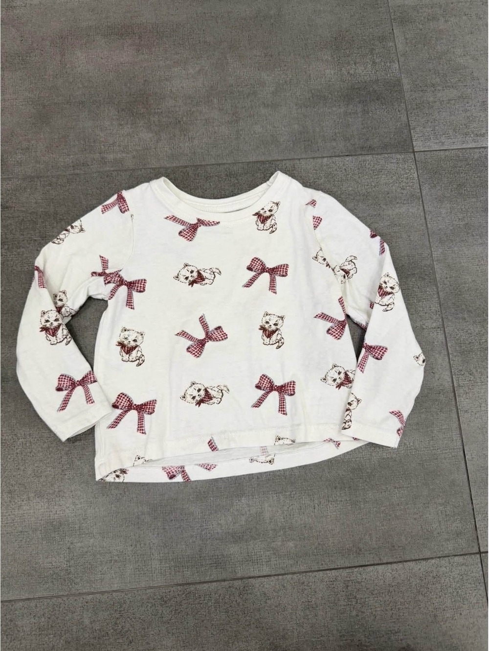 2t-3t • Primark Girls Kitten & Gingham Bow Long Sleeve Top 2-3 Years 98cm